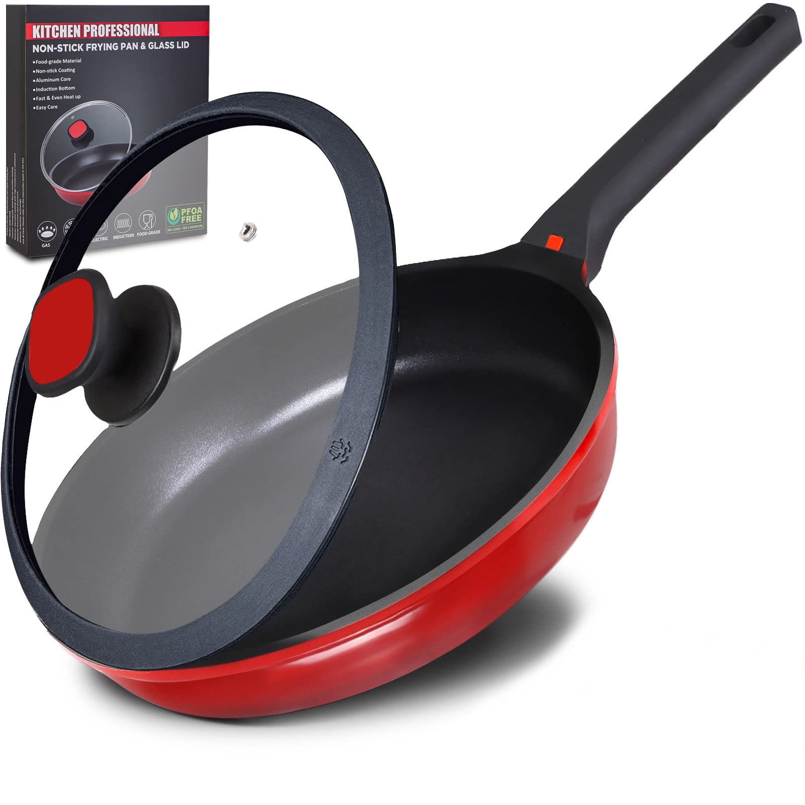 Nonstick Frying Pan with Lid, DIIG 11 inch Saute Pan Skillet Omelet Cookware Chef Pan for Cooking, Gas Electric Induction All Stoves Compatible, Red, 28CM