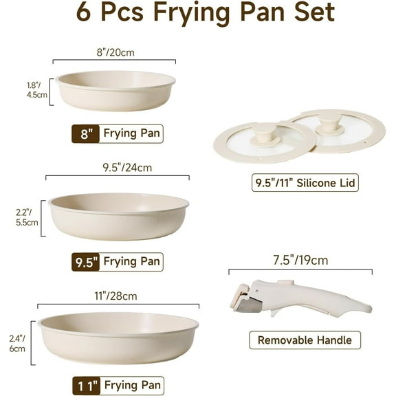 Nonstick Frying Pan Set with Detachable Handle, 3-Piece Granite Cookware for All Stovetops