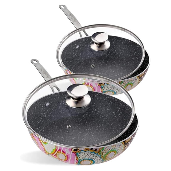 Nonstick Frying Pan with Lids for Cooking, Baking - Granite Marble Coating | Electric, Gas, & Induction Compatible | 9.5 & 11 inch | Donut - 2 Pack