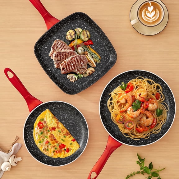 Nonstick Frying Pans Set 3 Piece, Skillets and Frying Pans 9.5, 11, 10.2 Inch, Dishwasher Safe Kitchen Cooking Pan, Non Stick Pan for induction cooktop, Omelette  Pan with Stay Cool Handle