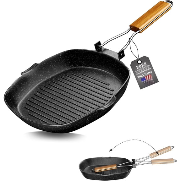 Nonstick Grill Pan, 9.5 Inch Large Grilling Skillet Steak Pan for Indoor Cooking, Steak & Bacon Pans for Stove Tops (9.5 in)