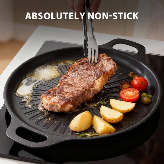 Nonstick Grill Pan - Durable BBQ Griddle with Even Heat, Oil Drain Groove & Double Handles. Multi-Function Induction grill pan, Easy Clean,Portable Camping Frying Pan for Outdoor cooking