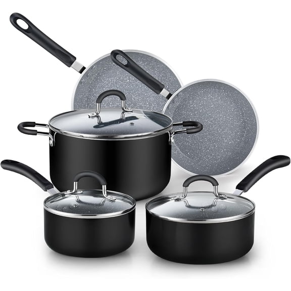Nonstick Kitchen Cookware Sets include Saucepan Frying Pan Stockpots 8-Piece, Heavy Gauge, Stay Cool Handle, Marble