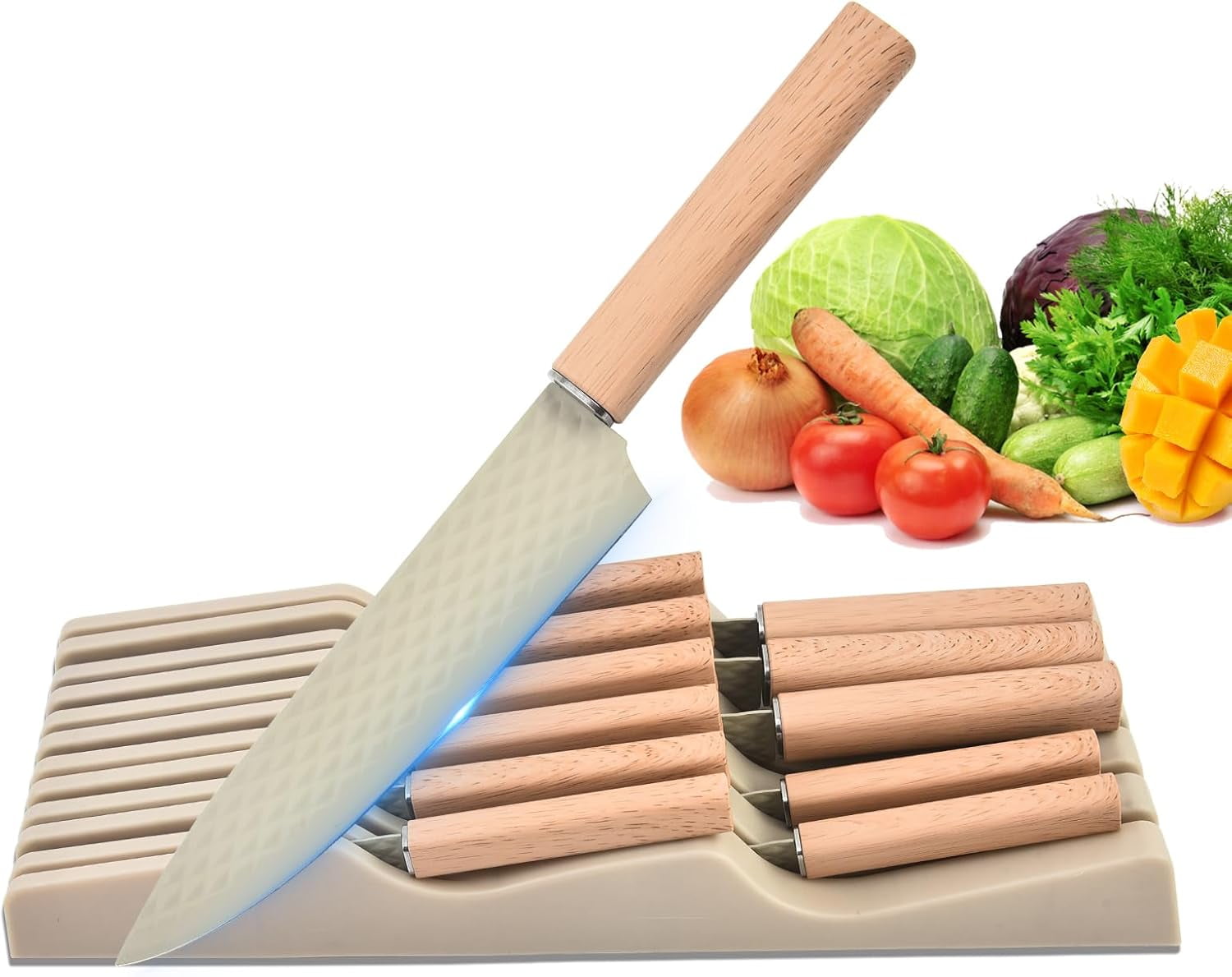 Nonstick Knife Set, 12 Pieces Professional Stainless Steel Kitchen Knife Set with Knife Block and Ergonomic Handle, Non-stick Sharp Knife Set Suitable for Home and Restaurant (Khaki)