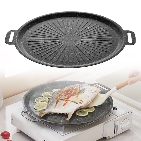 Nonstick Korean Grill Pan 14.17 Inch Round BBQ Griddle Pan, Heavy Duty Baking Tray Stove Top Induction Cooktop Compatible Frying Pan, Portable Double Handle Cookware for Camping Home Outdoor Cooking