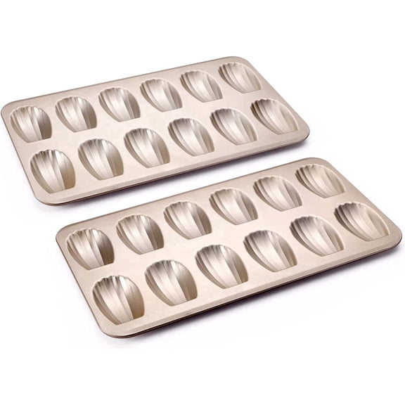 Nonstick Madeleine Pan 2 Pack 12-Cavity Heavy Duty Madeleine Cookies Trays for Oven Baking, Warp Resistant Shell Shape Madeleine Mold Cake Pan, Champagne Gold