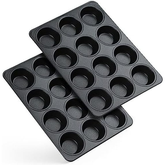 Nonstick Muffin Pan 12 Cups Set of 2, Stainless Steel Muffin Tin Cupcake Pan Tray for Baking, Stainless Steel Core & Non Toxic, Easy Release & Easy Clean, Black