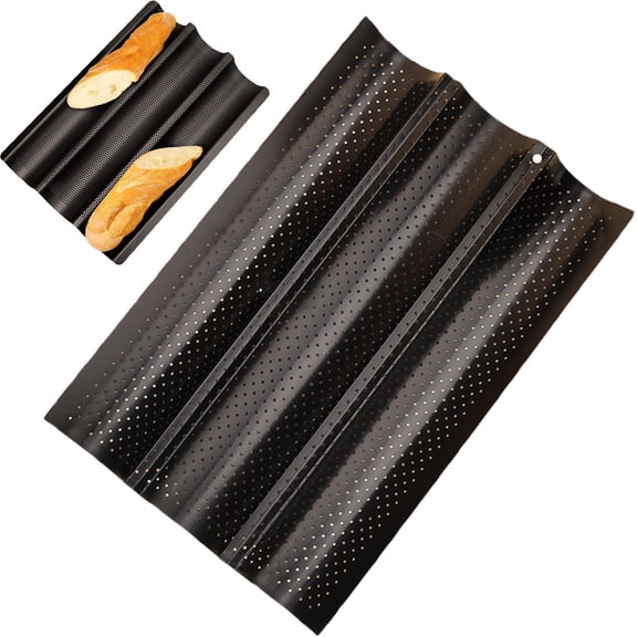 Nonstick Perforated French Bread Baking Pan, 15"X 9.65" Premium Toast Mold Great for 3 Loaves Baguettes, French & Italian Bread Trays for Baking Loaf Bread, Ventilation & Heat Resistant (Black)