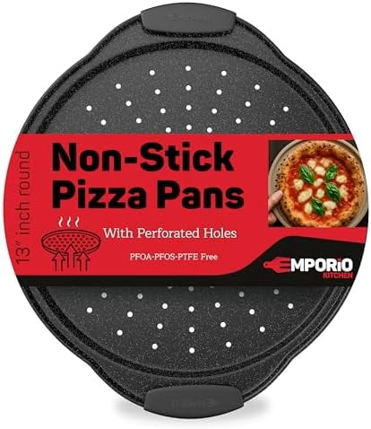 Nonstick Pizza Pan Set with Silicone Handles, Round Carbon Steel Tray 1 Pack 13-Inch with Perforated Holes, Oven & Dishwasher Safe Gray Marble