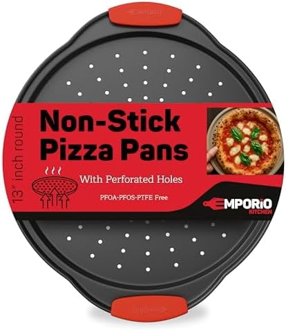 Nonstick Pizza Pan Set with Silicone Handles, Round Carbon Steel Tray 1 Pack 13-Inch with Perforated Holes, Oven & Dishwasher Safe Gray