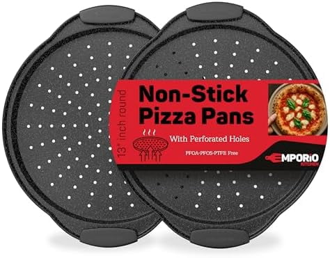 Nonstick Pizza Pan Set with Silicone Handles, Round Carbon Steel Tray 2 Pack 13-Inch with Perforated Holes, Oven & Dishwasher Safe Gray Marble