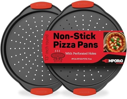 Nonstick Pizza Pan Set with Silicone Handles, Round Carbon Steel Tray 2 Pack 13-Inch with Perforated Holes, Oven & Dishwasher Safe Gray