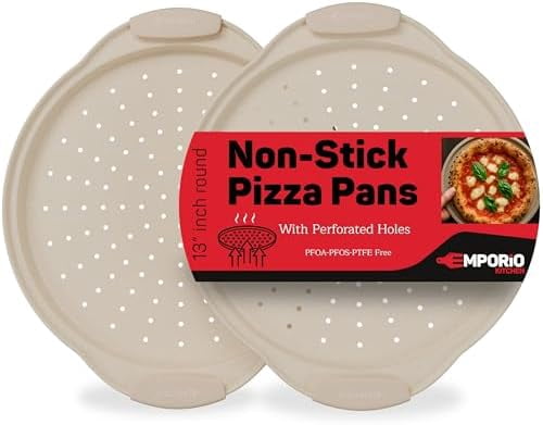 Nonstick Pizza Pan Set with Silicone Handles, Round Carbon Steel Tray 2 Pack 13-Inch with Perforated Holes, Oven & Dishwasher Safe White Marble