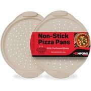 Nonstick Pizza Pan Set with Silicone Handles, Round Carbon Steel Tray 2 Pack 13-Inch with Perforated Holes, Oven & Dishwasher Safe White Marble