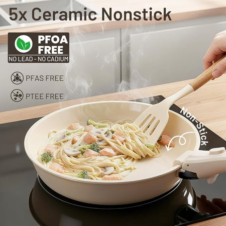 Nonstick Pots and Pans Set - Ceramic Cookware Set with Detachable Handle - 25 Pack Healthy Pans Set for Cooking - Stackable for RV Kitchen, Induction Ready - Dishwasher and Oven Safe