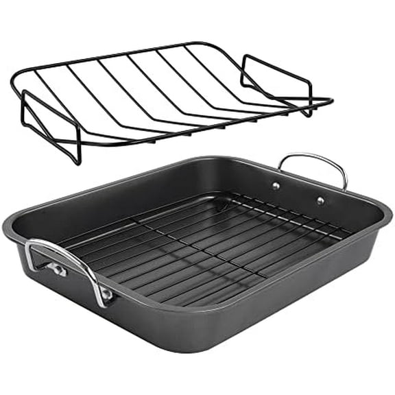 Nonstick Roasting Pan, Roaster with Rack - 16 Inch Rectangular Grill Suitable for Turkey, Roast Chicken, Ham, Dishwasher Safe (9.5QT)