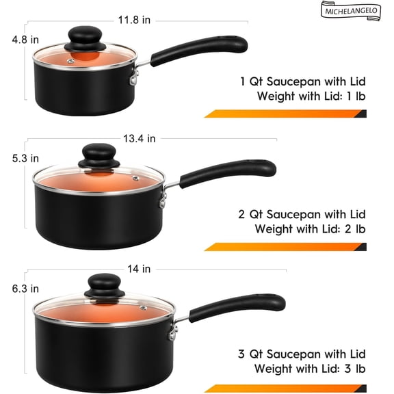 Nonstick Sauce Pan with Lid 1QT, 2QT & 3QT, Ceramic Saucepan Set
