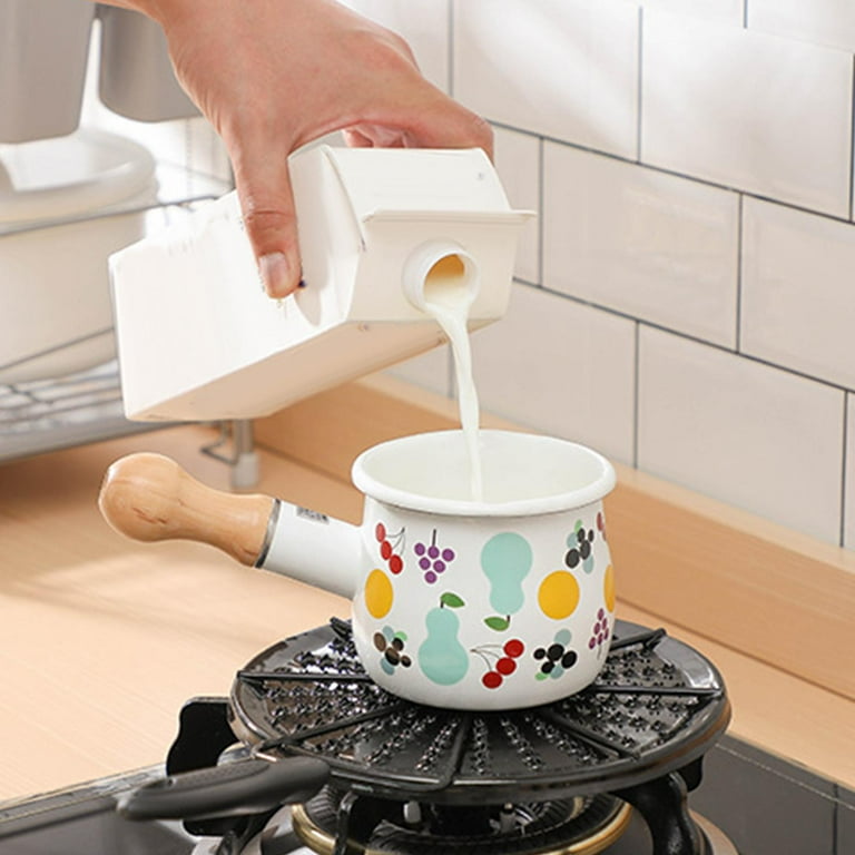 550ml Small Enamel Milk Cooking Sauce Pot Wooden Handle Cookware White, Size: As described