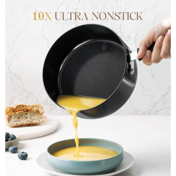 Nonstick Saucepan Set with Lid, Ceramic Coating Pots for Stovetop, Easy Clean Cookware, 1QT 2QT 3QT Black