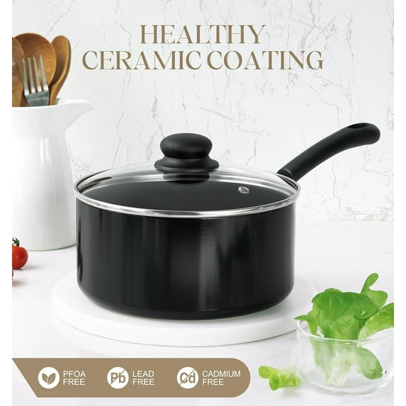 Nonstick Saucepan with Lid, Ceramic Sauce Pan Sets, Easy to Clean Sauce Pans, Multi-Purpose Cooking Pots, 1QT & 2QT & 3QT, Black