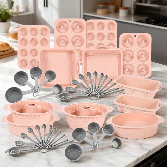 Nonstick Silicone Bakeware Set, 46pcs Baking Cake Pan Measuring Spoon, Economical Heat Resistant Bakeware Suppliers Tools Kit with Silicone Brush for DIY Loaf Bread Cheesecake Pizza Cupcake Muffin