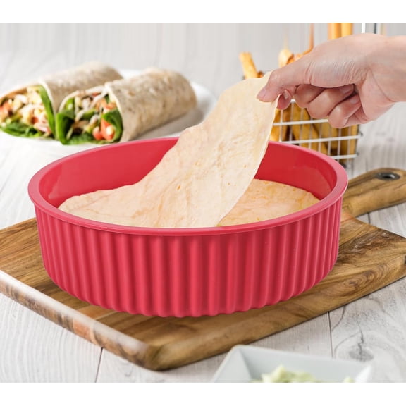 Nonstick Silicone Tortilla Warmer Container, 10 Inch Red Food Keeper with Lid, , Dishwasher & Microwave Safe