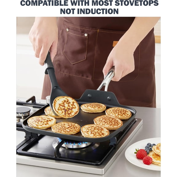 Nonstick Square Griddle Pan 11 x 11-Inch, Hard Anodized Cookware Griddle Pan, Black