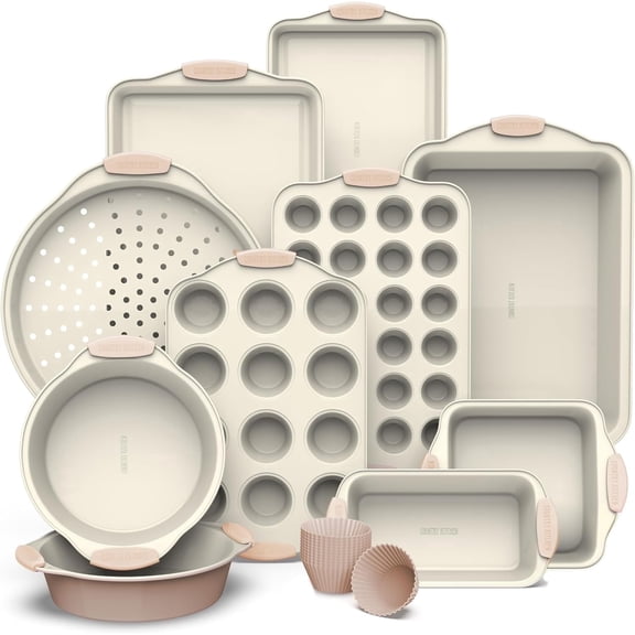 Country Kitchen Bakeware Set, 22-Piece Nonstick Stackable Baking Sheets with Silicone Handles, Taupe
