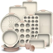 Country Kitchen Bakeware Set, 22-Piece Nonstick Stackable Baking Sheets with Silicone Handles, Taupe