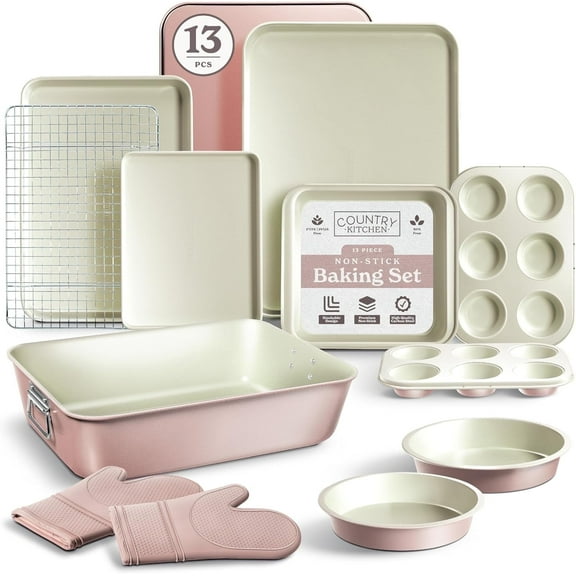 Country Kitchen Nonstick Cookware and Bakeware Set with Stackable Design, Pink, 13-Piece