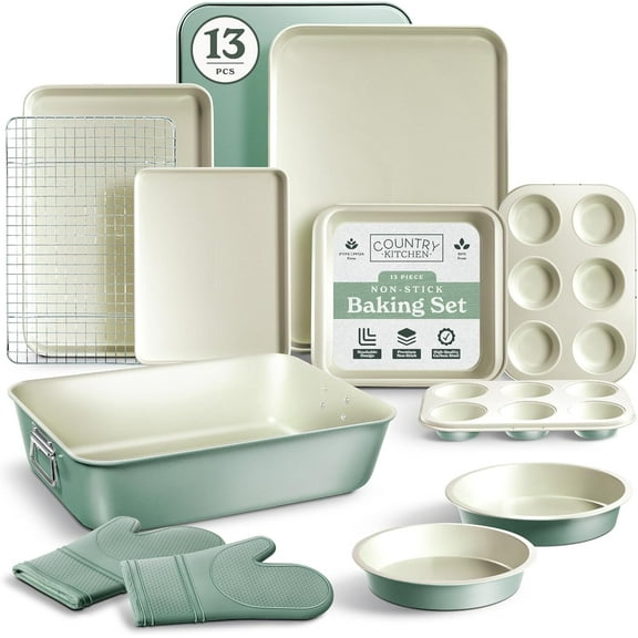 Nonstick Stackable Bakeware Set - Deluxe Heavy Duty, Durable, Easy Release Baking Set, Sage, 13 Pcs with Handles