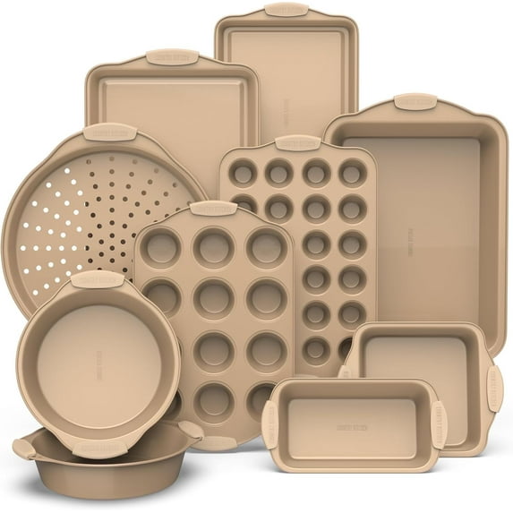 Country Kitchen Bakeware Set, 10-Piece Nonstick Stackable Baking Pans with Silicone Handles, Sage
