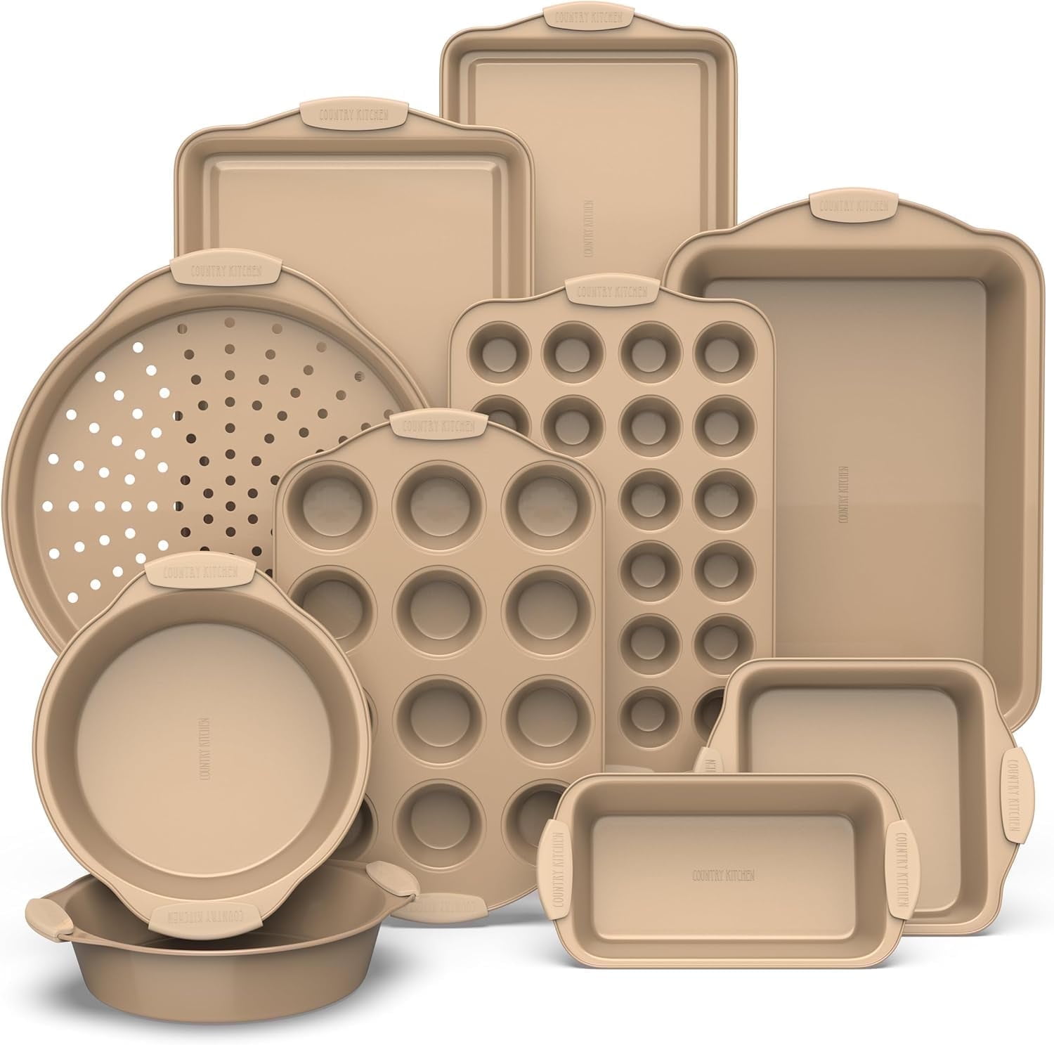 Country Kitchen Nonstick Bakeware Set, 10-Piece Baking Pans and Sheets with Silicone Handles, Gold - Walmart.com