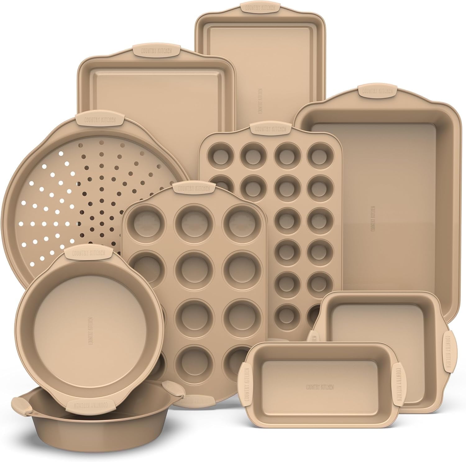 Country Kitchen Nonstick Bakeware Set, 10-Piece Baking Pans and Sheets with Silicone Handles, Gold