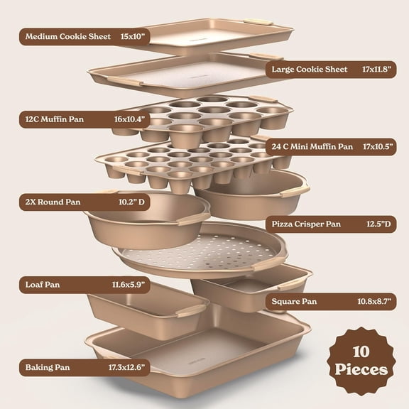 Nonstick Stackable Bakeware Set - Heavy Duty, Durable, Easy Release Baking Set, Gold, 10 Pcs