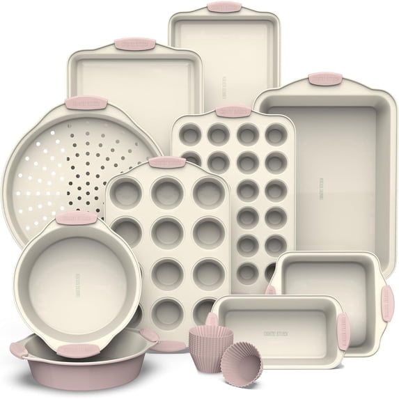 Country Kitchen Bakeware Set, 22-Piece Nonstick Stackable Baking Sheets with Silicone Handles, Pink