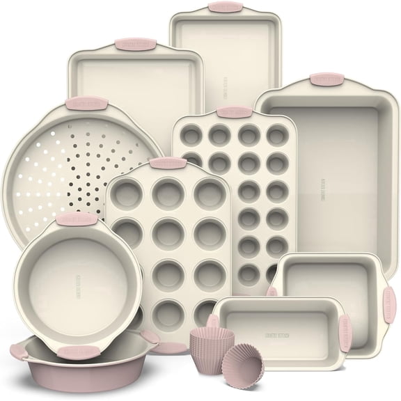 Country Kitchen Bakeware Set, 22-Piece Nonstick Stackable Baking Sheets with Silicone Handles, Pink