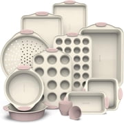 Country Kitchen Baking Pans, 22-Piece Stackable Nonstick Bakeware Set, Pink