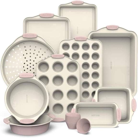 Country Kitchen Baking Pans, 22-Piece Stackable Nonstick Bakeware Set, Pink