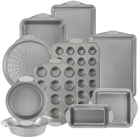 Country Kitchen Bakeware Set, 10-Piece Nonstick Stackable Baking Pans with Silicone Handles, Red