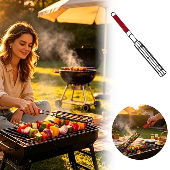 Nonstick Stainless Steel Kabob Grill Basket with Insulated Handle, Portable Barbecue Skewer Holder for Vegetable, Seafood and Meat, Outdoor Picnic Camping BBQ Grilling Tool