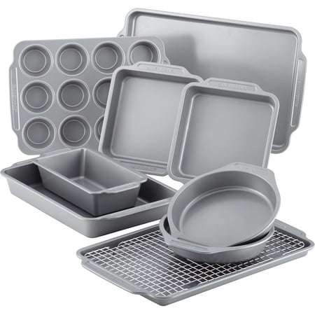 Nonstick Steel Bakeware Set with Cooling Rack, Baking Pan and Cookie Sheet Set with Nonstick Bread Pan and Cooling Grid, 10-Piece Set, Gray