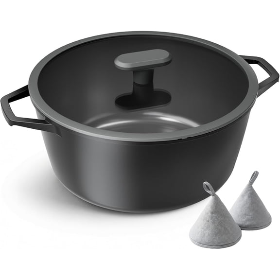 Nonstick Stock Pot with Silicone Rim Tempered Glass Lid, 4.5/7 QT Soup Pot Casserole, Cooking Pot, Induction Compatible, Dishwasher Safe, Ideal for Pasta & Stews, Black Sesame