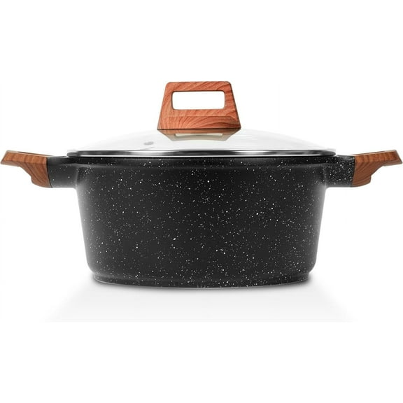 Nonstick Stock Pot with Lid, 3 Quart Granite Casserole Small Soup Pot Pasta Cooking Pot, Induction Compatible, PTFE & PFOA , Black