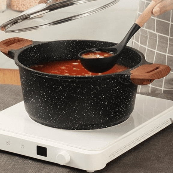 Nonstick Stock Pot with Lid, 5 Quart Granite Casserole Large Soup Pot Pasta Cooking Pot, Induction Compatible, Black