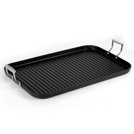 Nonstick Stove Top Grill Pan - PTFE/PFOA/PFOS Free Need two Burners 20" x 13" Hard-Anodized Non stick Grill & Griddle Pan - Kitchen Cookware ,High Ridges, Strong Riveted Handles, Cool Touch Handles Di