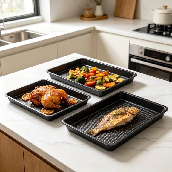 Nonstick Textured Baking Tray Set 3 Pack Heavy Duty Carbon Steel Cookie Baking Sheet Oven Roasting Pan for Baking Vegetables Meats Bread Home Kitchen Restaurant Daily Cooking