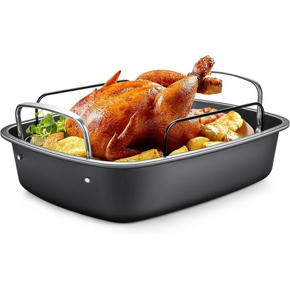 Nonstick Turkey Roasting Pan with Rack - 1713 Inch Extra Large Roaster Pan Deep Turkey Tray for Oven U-Shaped Rack Wider Handles Ideal for Ovens Thanksgiving and Christmas
