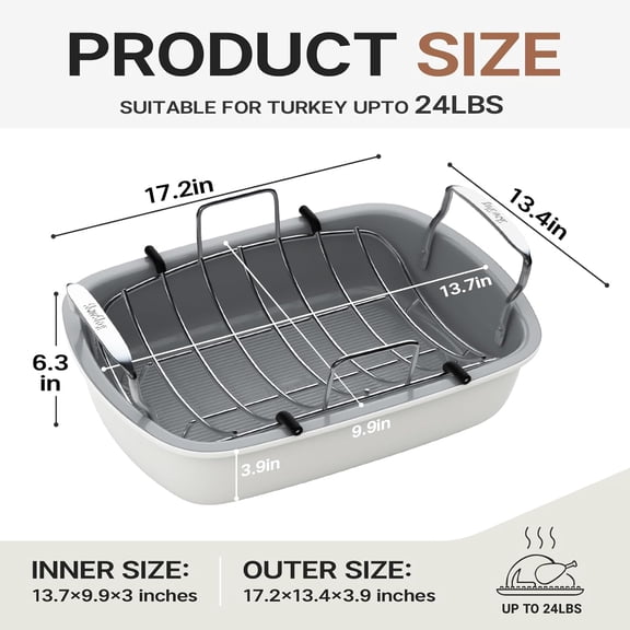 Nonstick Turkey Roasting Pan with Rack, 17 x 13 Inch Turkey Pan, Large Roaster Pan for Meat & Vegetable, White