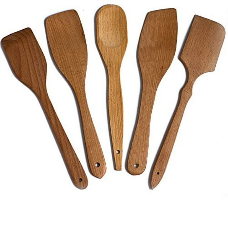Nonstick Wooden Spoons for Cooking - 5 Premium Hard Wood Cooking Utensils - Healthy and Natural Wooden Spatula Set - Strong and Solid Long Handled